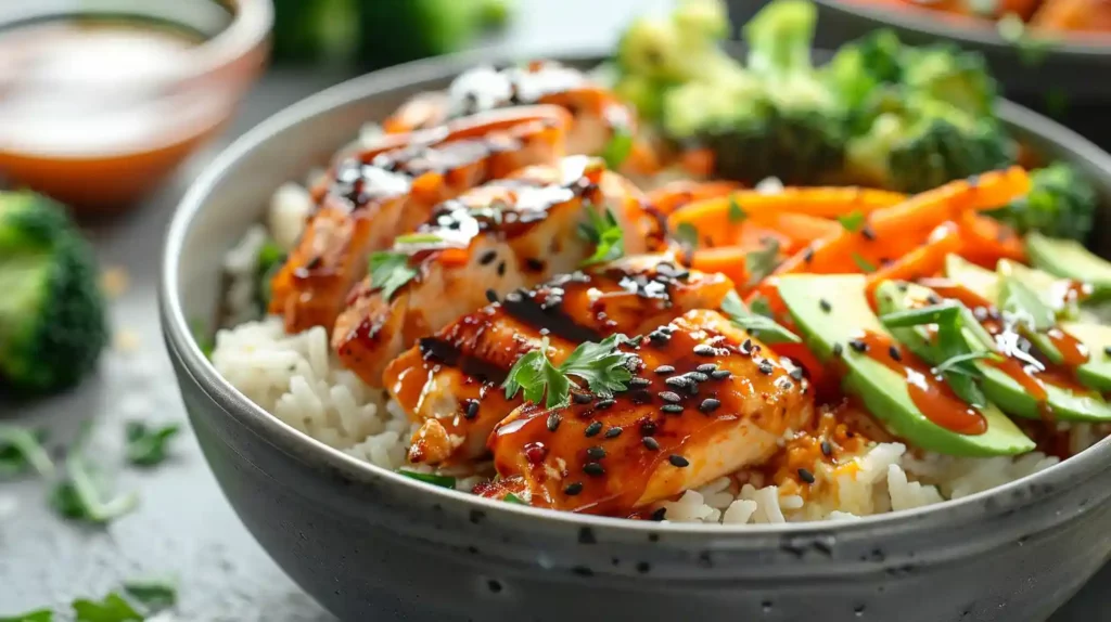 Bang Bang Chicken Bowl with sesame glazed chicken and fresh vegetables
