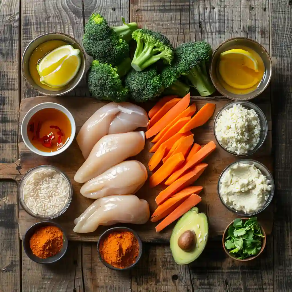 Bang Bang Chicken Bowl raw ingredients on rustic wooden board