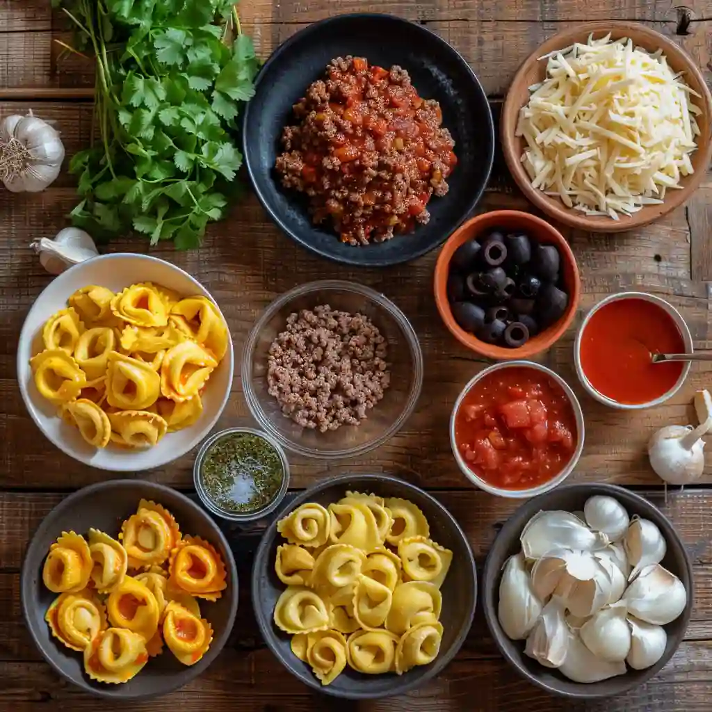 Beef Enchilada Tortellini ingredients displayed on a rustic table