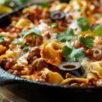 Beef Enchilada Tortellini in a skillet topped with olives and cilantro