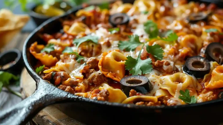 Beef Enchilada Tortellini in a skillet topped with olives and cilantro