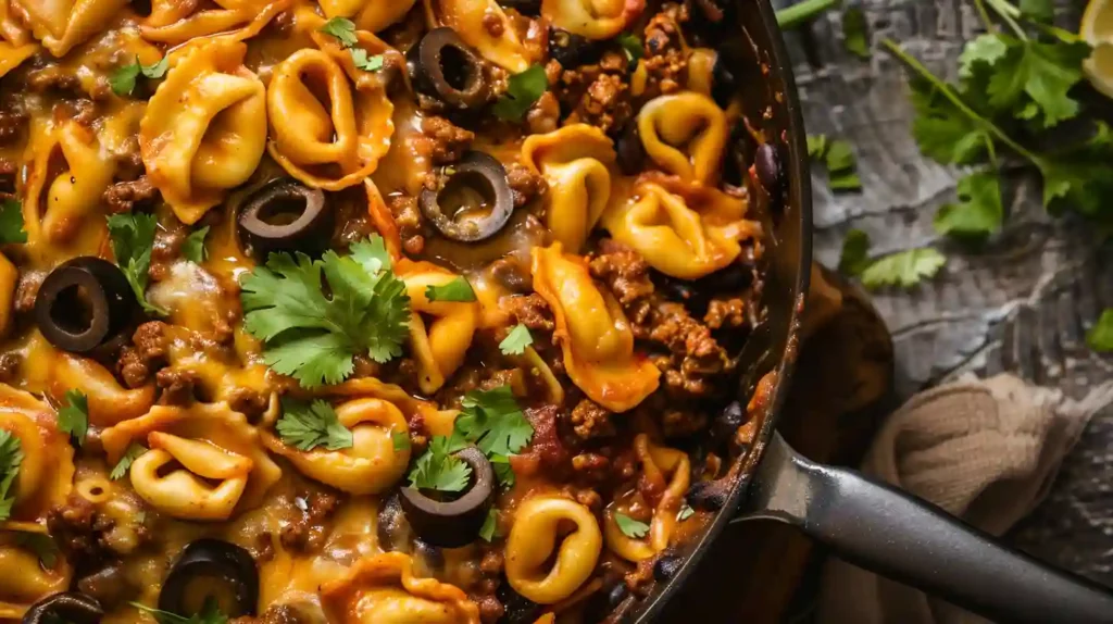 Cheesy Beef Enchilada Tortellini cooked with ground beef and olives
