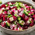 Fresh beet salad with feta cheese and cucumber