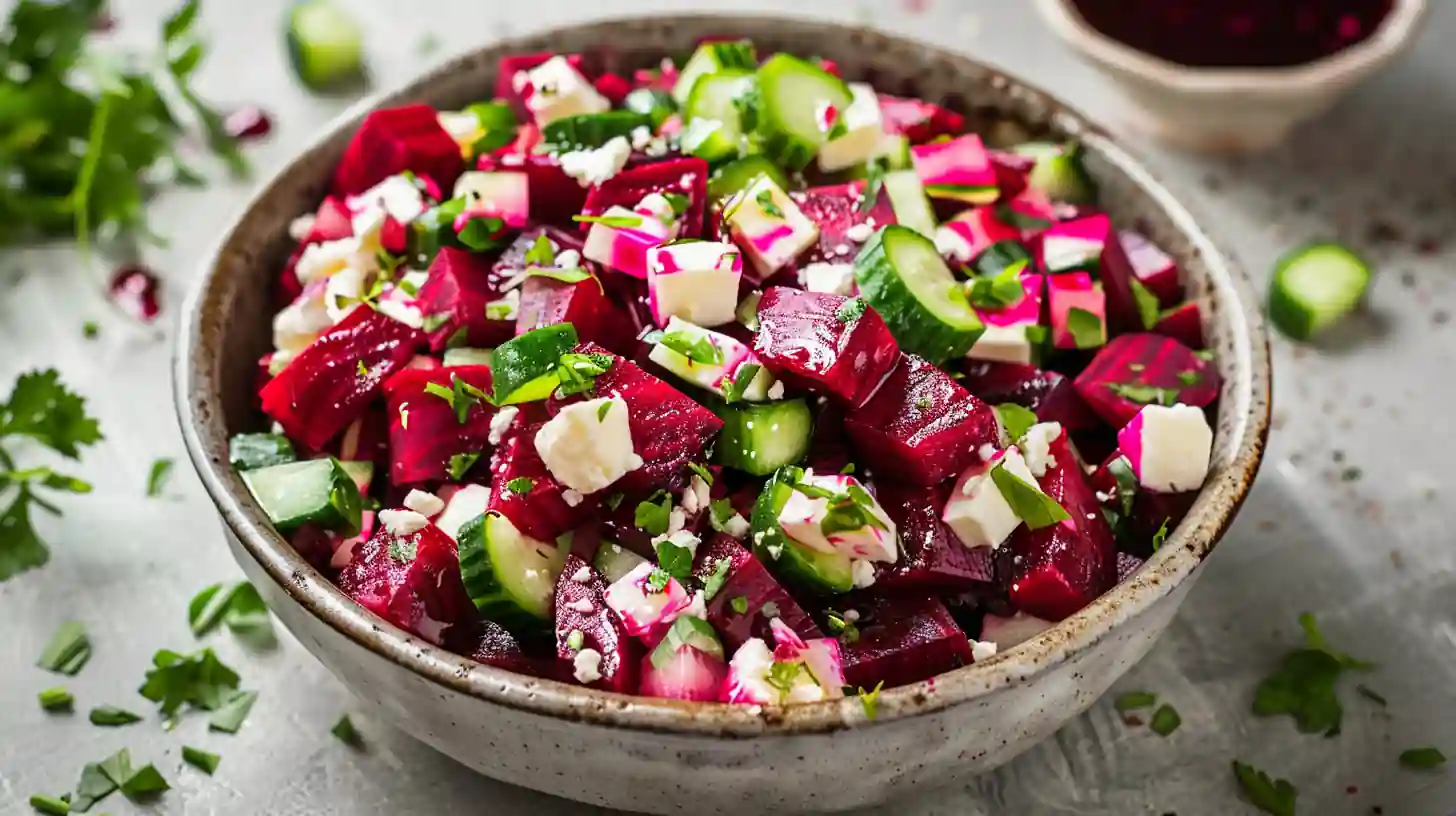 Fresh beet salad with feta cheese and cucumber