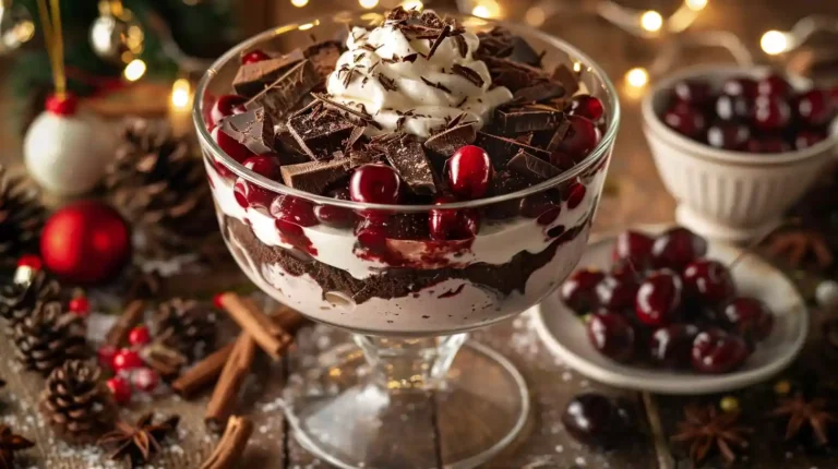 Black Forest Trifle for Christmas with layers of chocolate, cream, and cherries