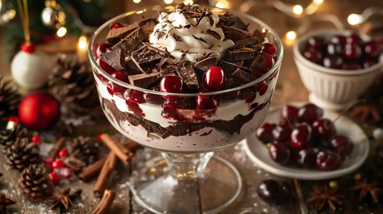 Black Forest Trifle for Christmas with layers of chocolate, cream, and cherries