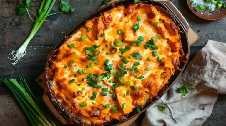 Buffalo chicken sweet potato casserole topped with melted cheese and green onions