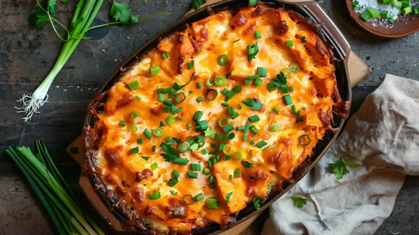 Buffalo chicken sweet potato casserole topped with melted cheese and green onions