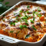 Cheesy buffalo chicken casserole with sweet potatoes and scallions
