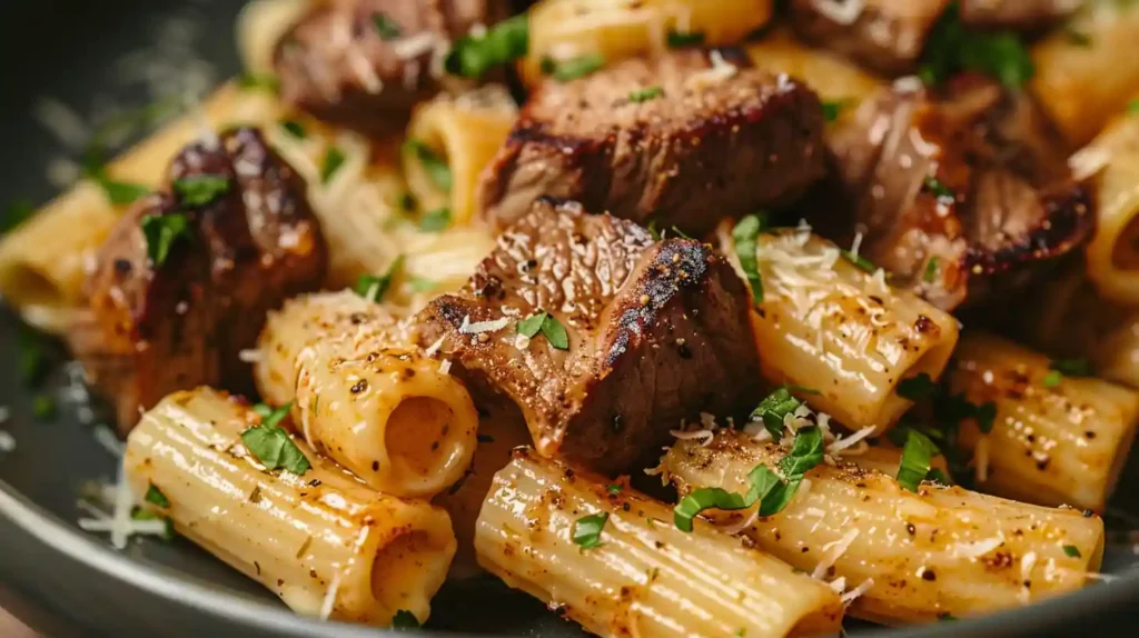 Cajun Steak Cheesy Rigatoni Parmesan Recipe close-up