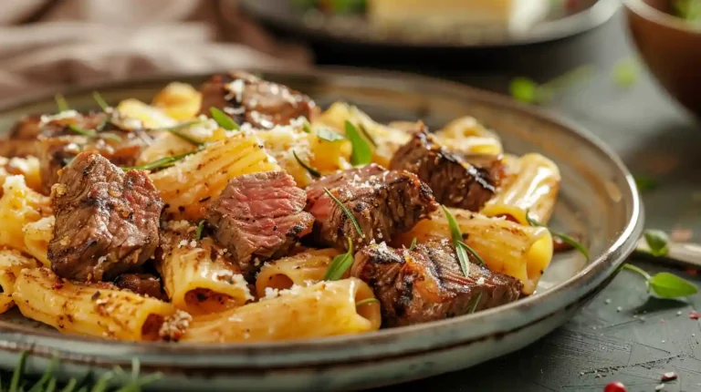 Cajun Steak Cheesy Rigatoni Parmesan served on rustic plate