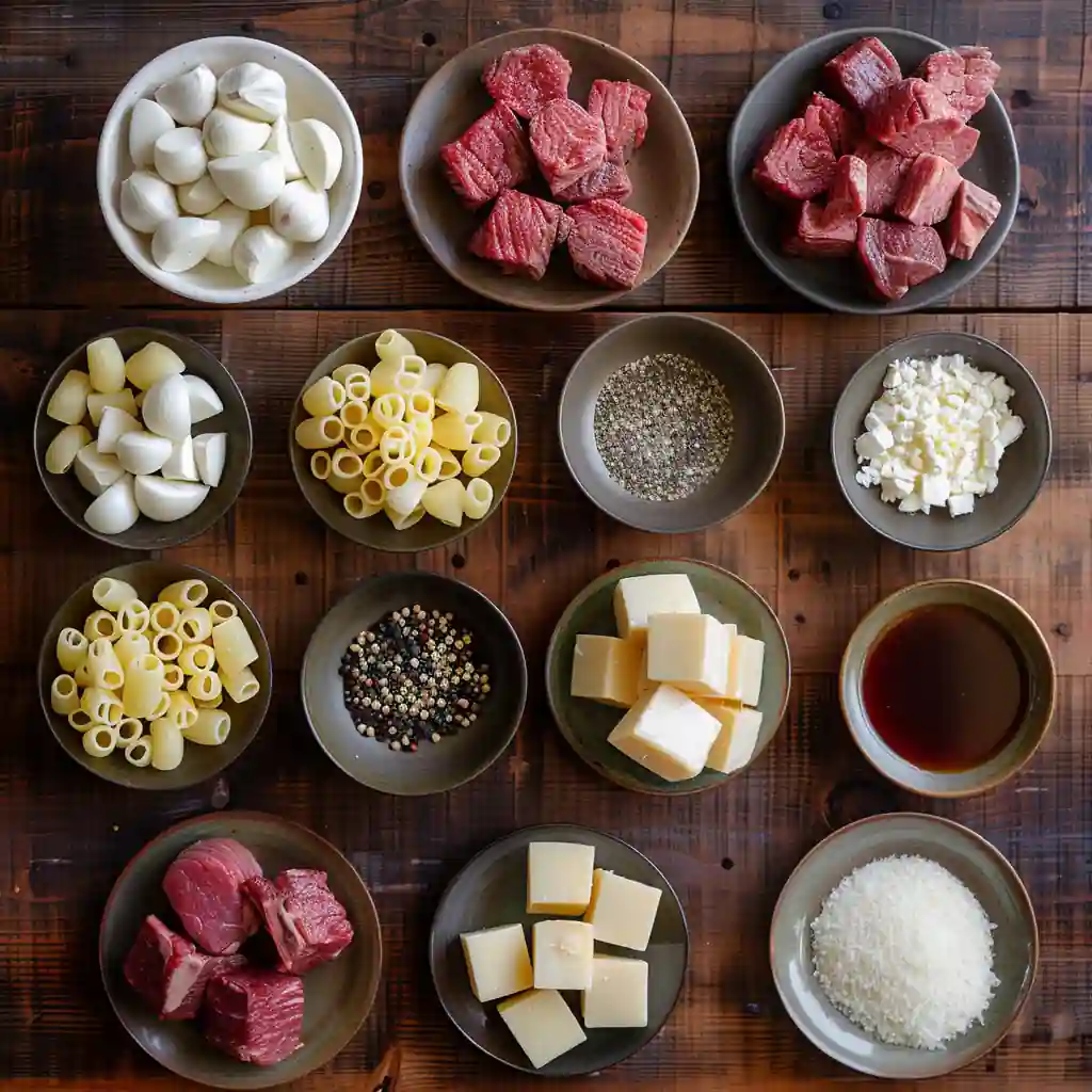 Cajun Steak Cheesy Rigatoni Parmesan ingredients flat lay