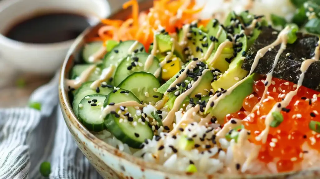 California Roll Sushi Bowls with avocado, cucumber, and roe