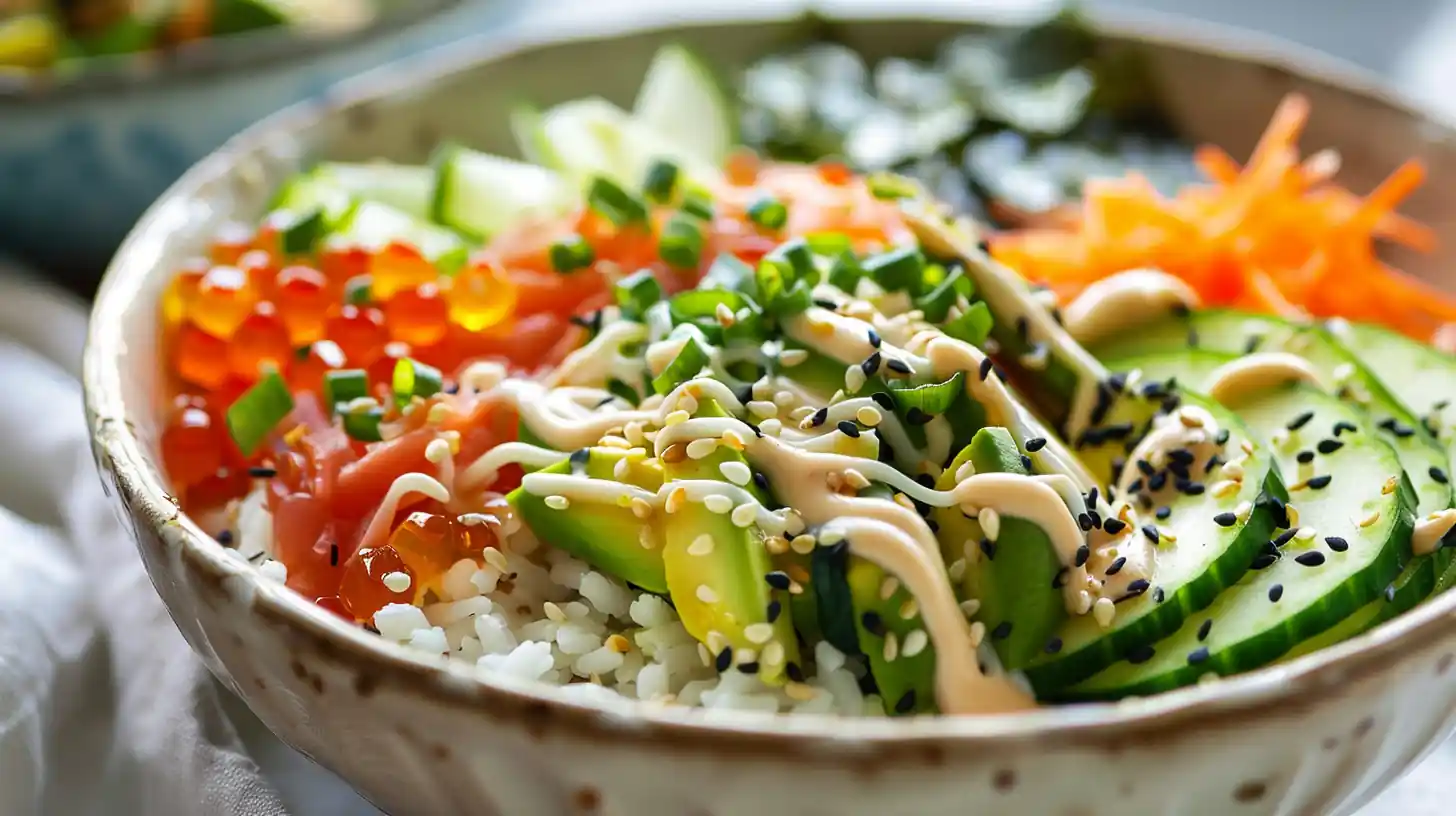 California Roll Sushi Bowls with spicy mayo drizzle