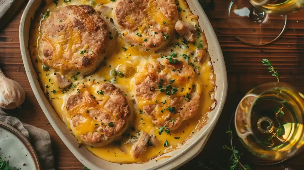 Cheddar bay chicken cobbler baked with biscuits and cheese