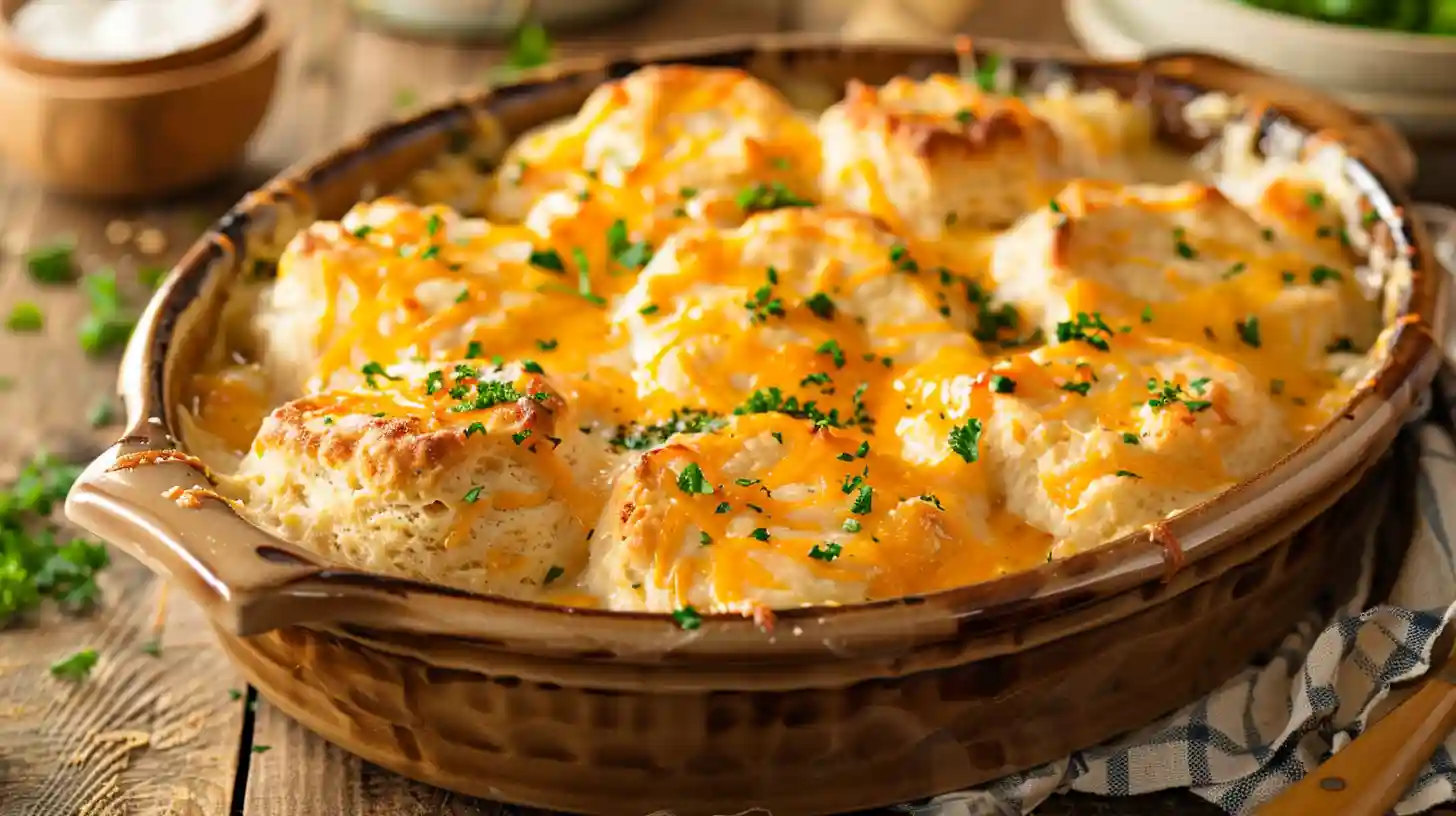 Cheddar bay chicken cobbler topped with herbs and melted cheddar