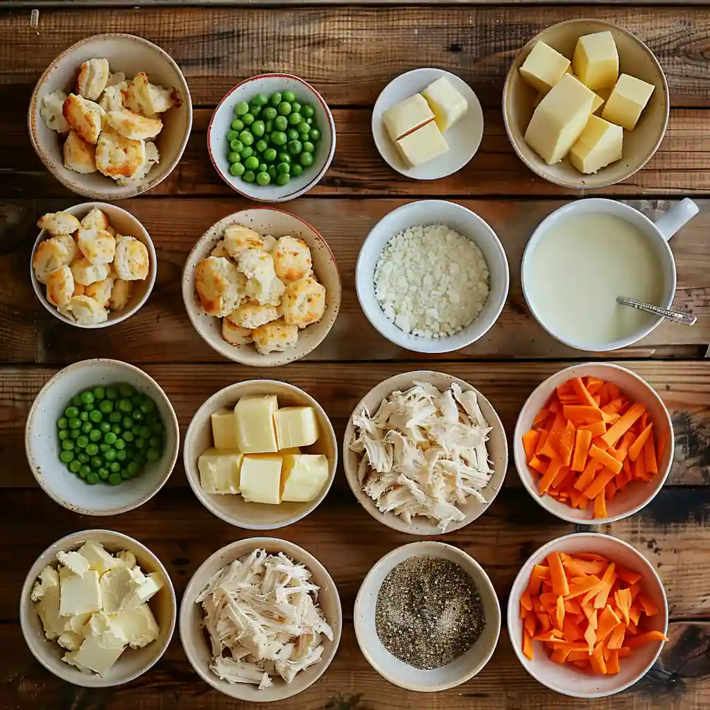 Ingredients for cheddar bay chicken cobbler including biscuits, cheese, and chicken