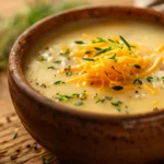 Creamy Cheddar Garlic Herb Potato Soup in a rustic bowl