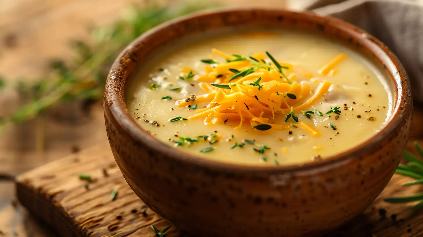 Creamy Cheddar Garlic Herb Potato Soup in a rustic bowl