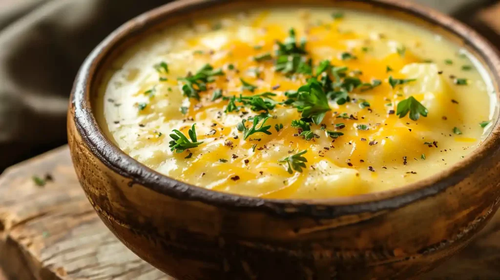 Hearty Cheddar Garlic Herb Potato Soup with chunks of potatoes and parsley