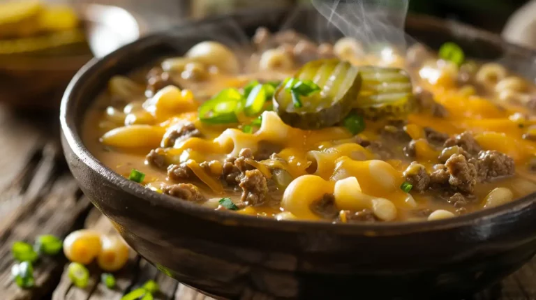 Bowl of cheesy cheeseburger macaroni soup with pickles and beef