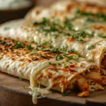 Cheesy garlic chicken wraps close-up view with golden crispy tortilla