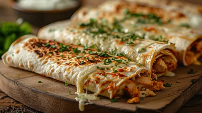 Cheesy garlic chicken wraps close-up view with golden crispy tortilla