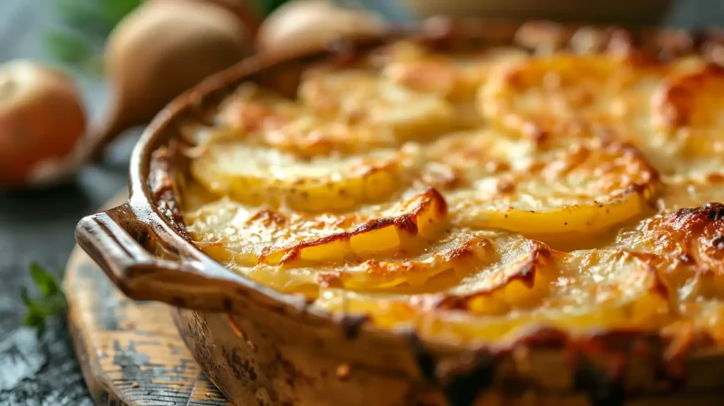 Cheesy scalloped potatoes baked in a ceramic dish