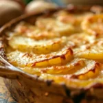 Cheesy scalloped potatoes baked in a ceramic dish