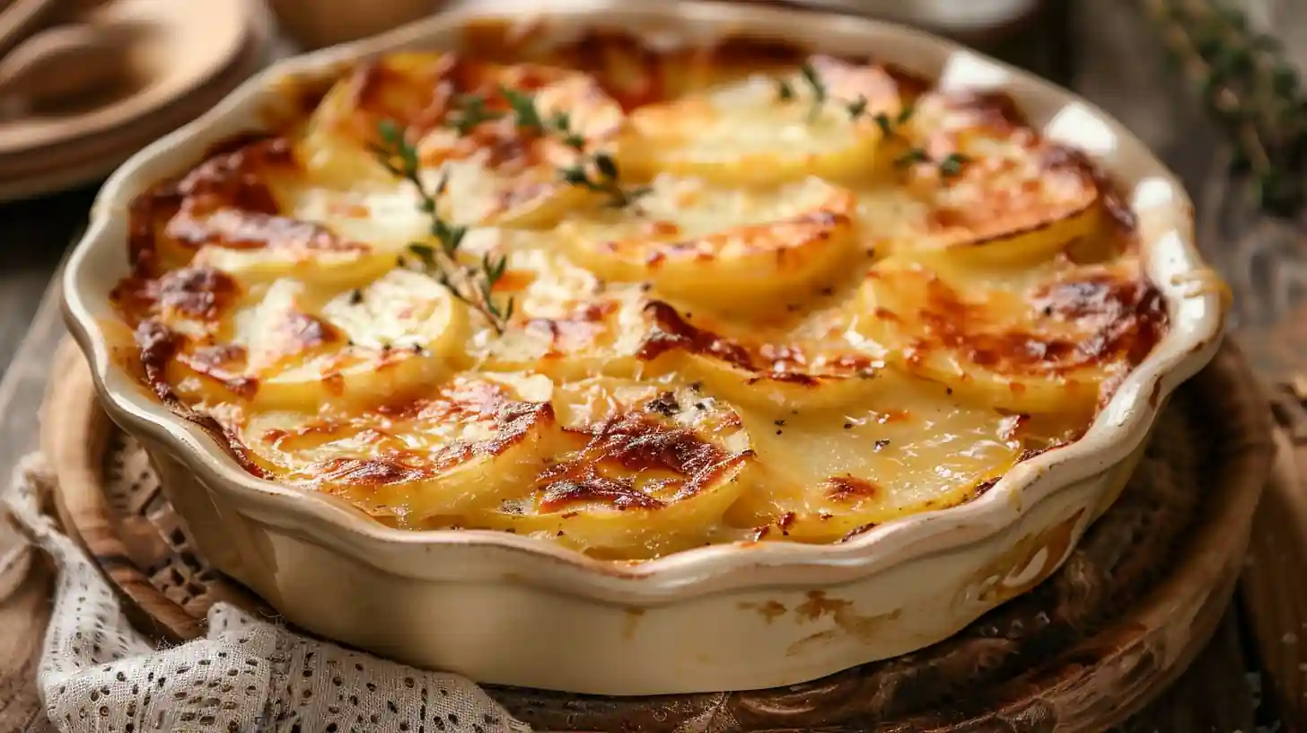 Close-up of baked cheesy scalloped potatoes with golden edges