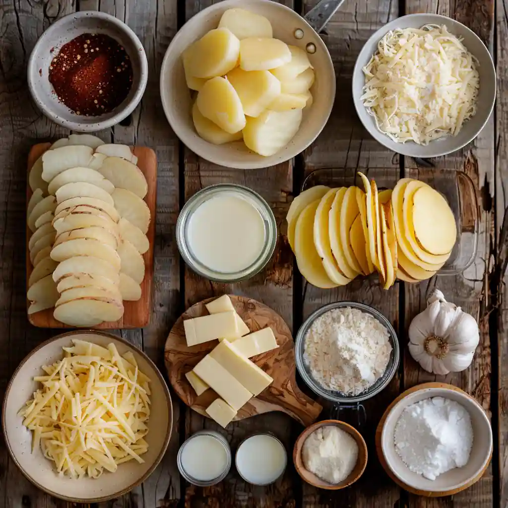Ingredients for cheesy scalloped potatoes on rustic table