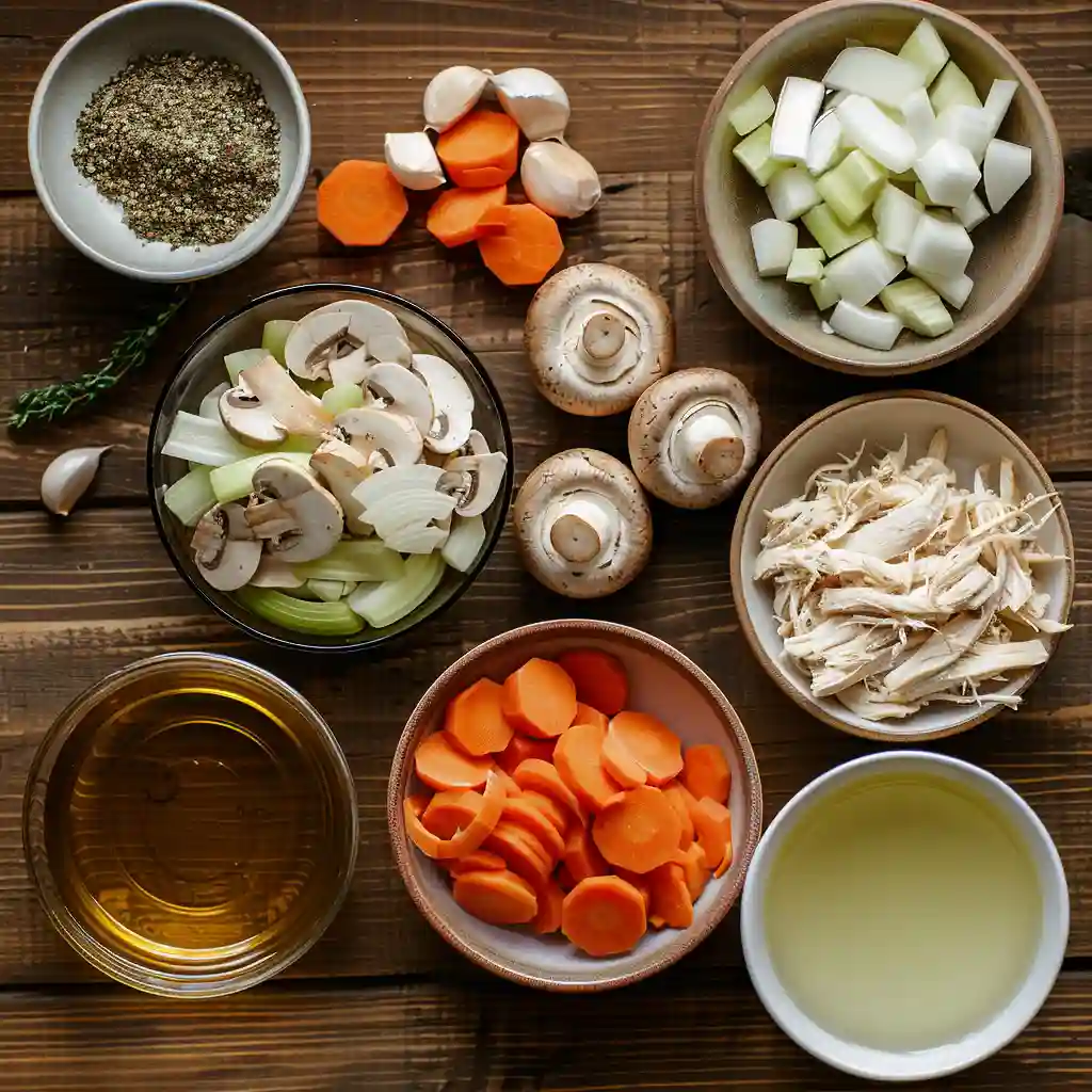 Ingredients for clean chicken mushroom soup including mushrooms, carrots, and garlic
