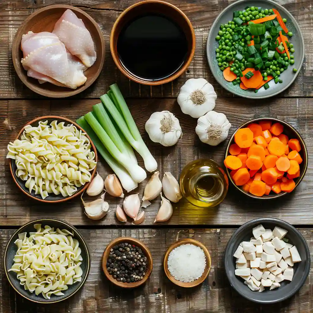 Ingredients for chicken noodle soup including garlic, carrots, and noodles