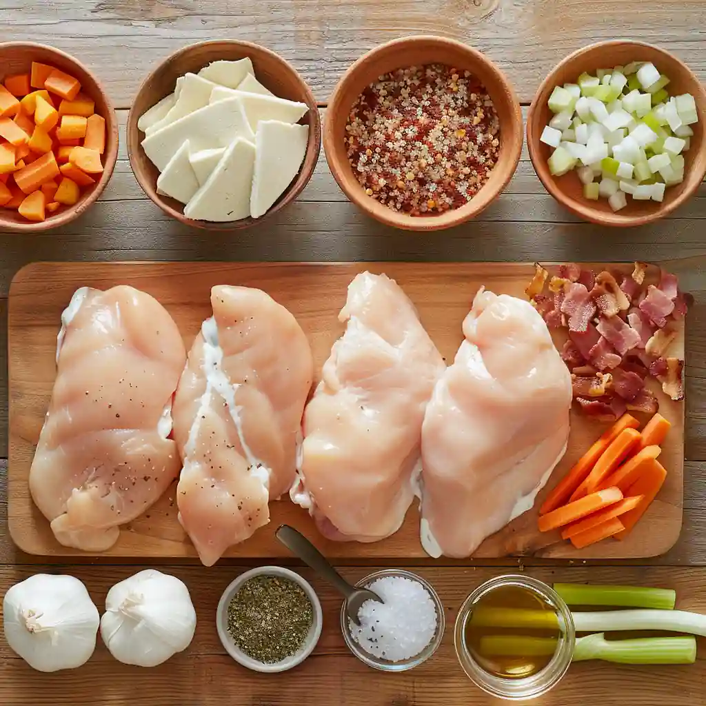 Fresh chicken soup ingredients including raw chicken breasts, vegetables, and seasonings