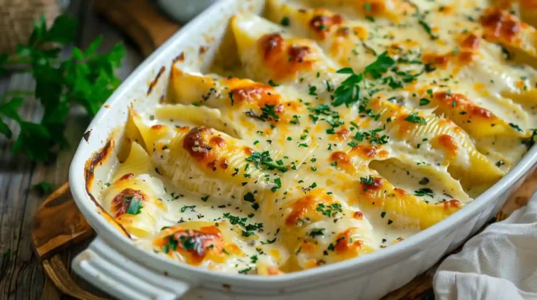 Baked Chicken Alfredo Stuffed Shells with parsley topping