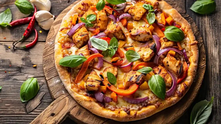 Top view of chili garlic chicken pizza with grilled toppings and basil