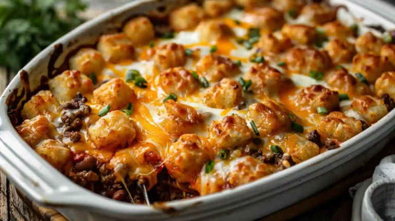 Baked Chili Cheese Tater Tot Casserole with melted cheese