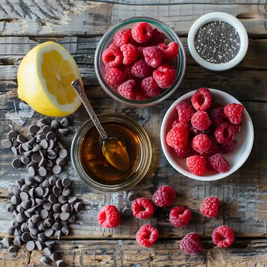 Ingredients for chocolate raspberry cups including raspberries, chocolate chips, and maple syrup