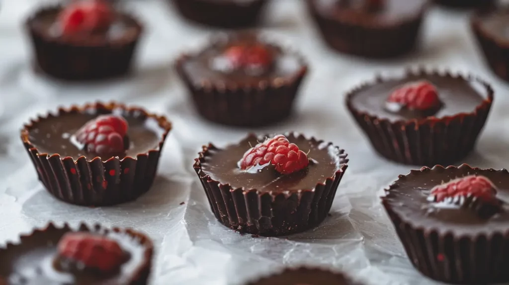 Chocolate raspberry cups topped with fresh raspberries on parchment paper