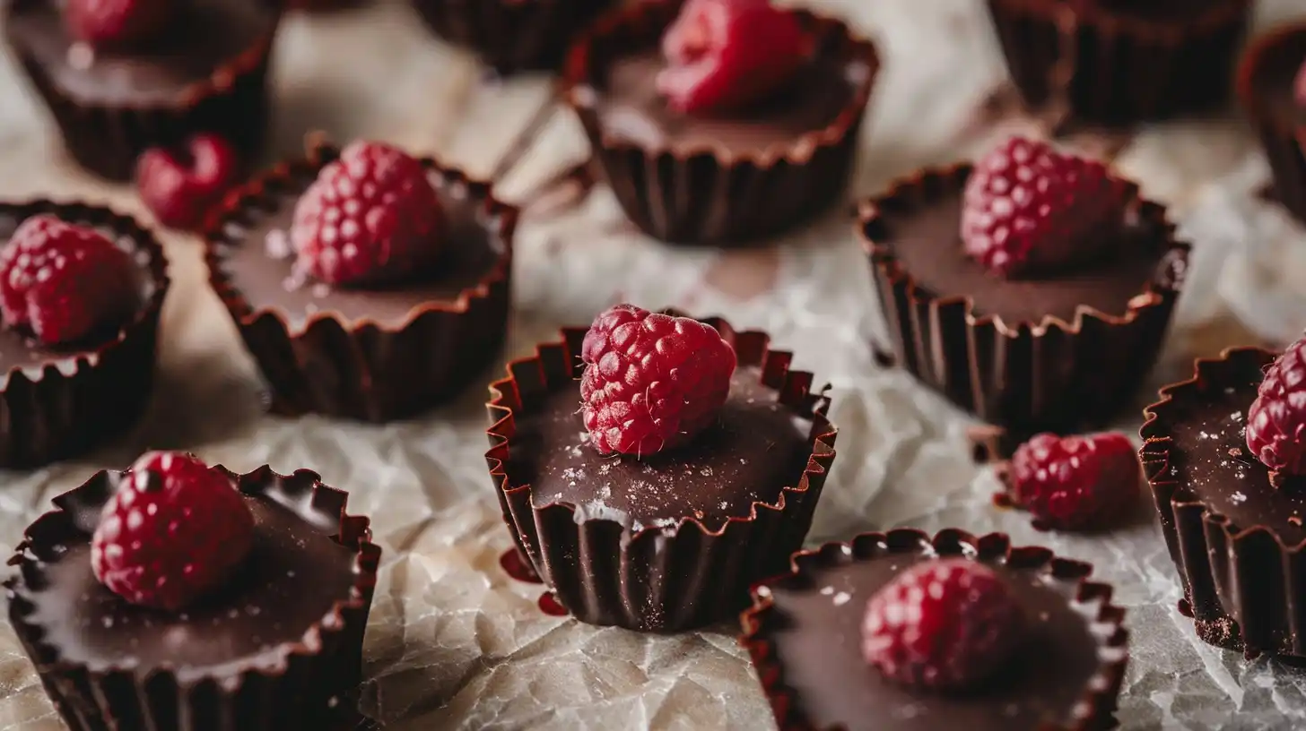 Dark chocolate raspberry cups arranged in rows with vibrant berries