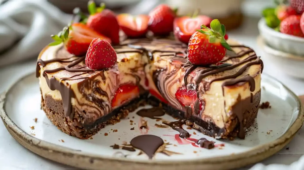 Chocolate strawberry swirl cheesecake with Oreo crust, fresh strawberries, and chocolate drizzle