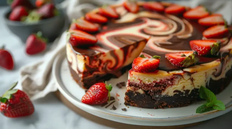 Rich and creamy chocolate strawberry swirl cheesecake with marbled topping and strawberry halves