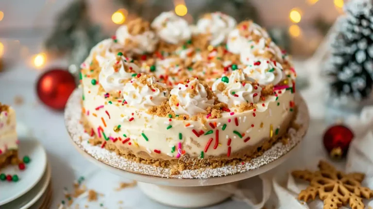 Christmas Sugar Cookie Cheesecake topped with festive sprinkles and whipped cream