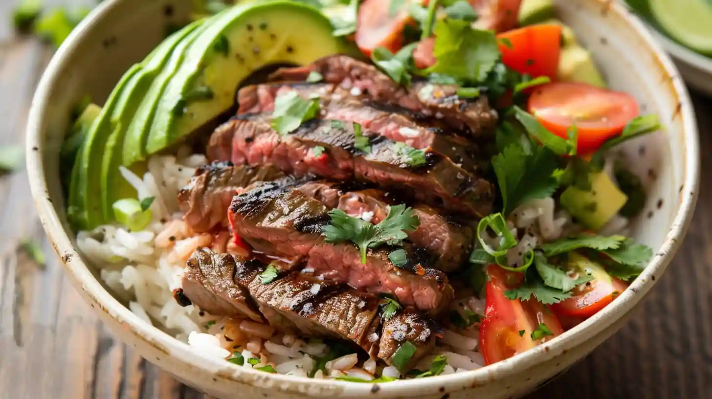 Close-up of cilantro lime steak bowl with avocado, grilled steak, and fresh herbs