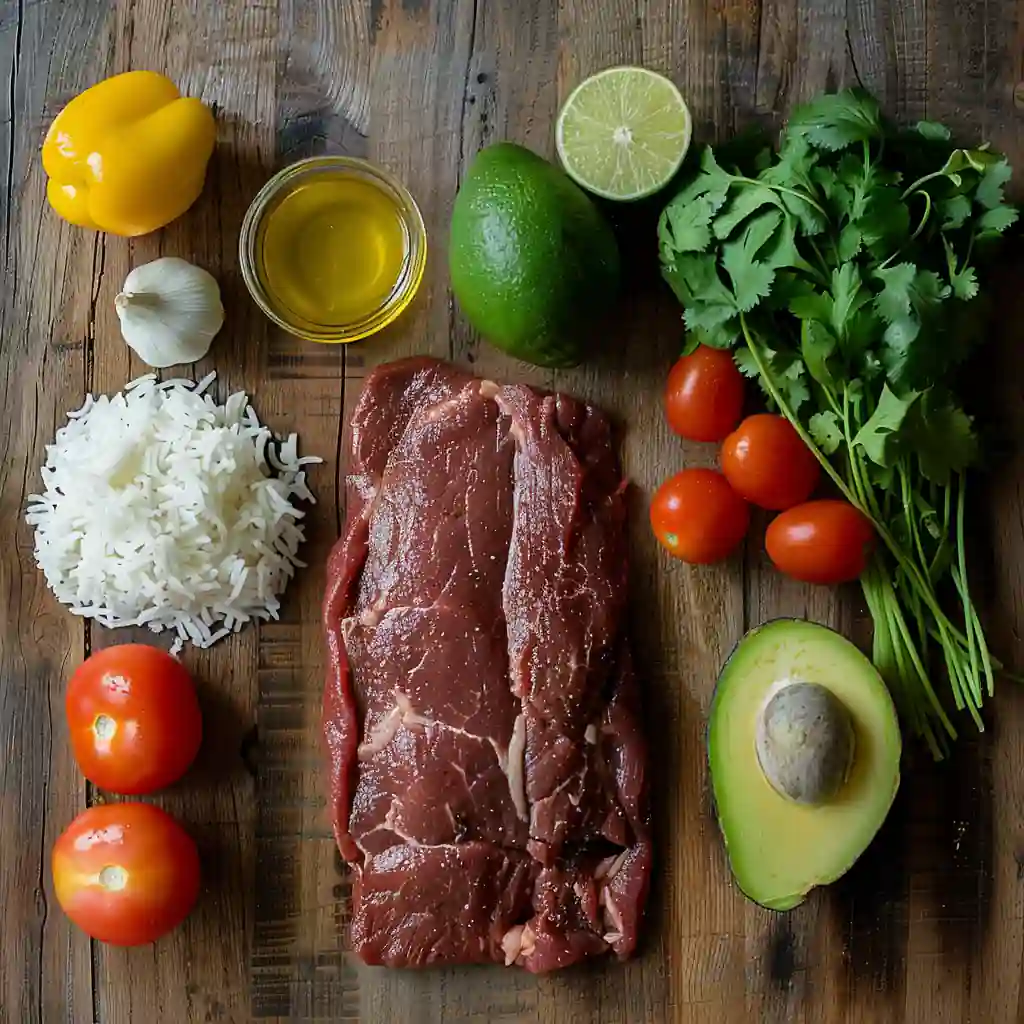 Fresh Cilantro lime steak bowls ingredients including flank steak and vegetables