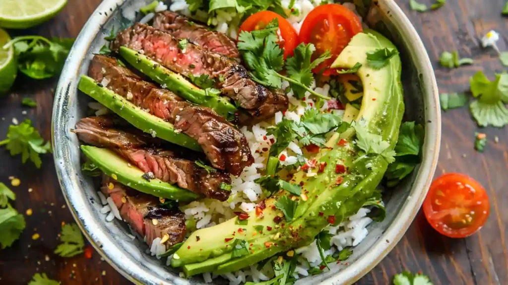 Top view of cilantro lime steak bowl with grilled steak and avocado