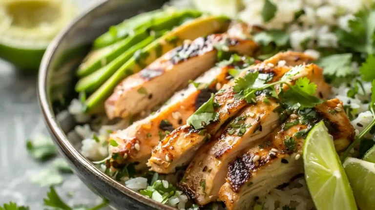 Grilled cilantro lime chicken with avocado and rice