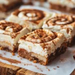 Close-up of creamy cinnamon roll bliss bars with layers and frosting