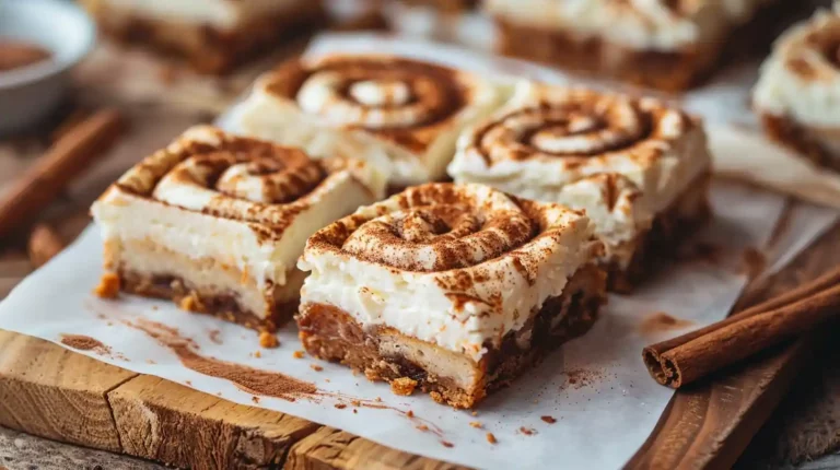 Close-up of creamy cinnamon roll bliss bars with layers and frosting