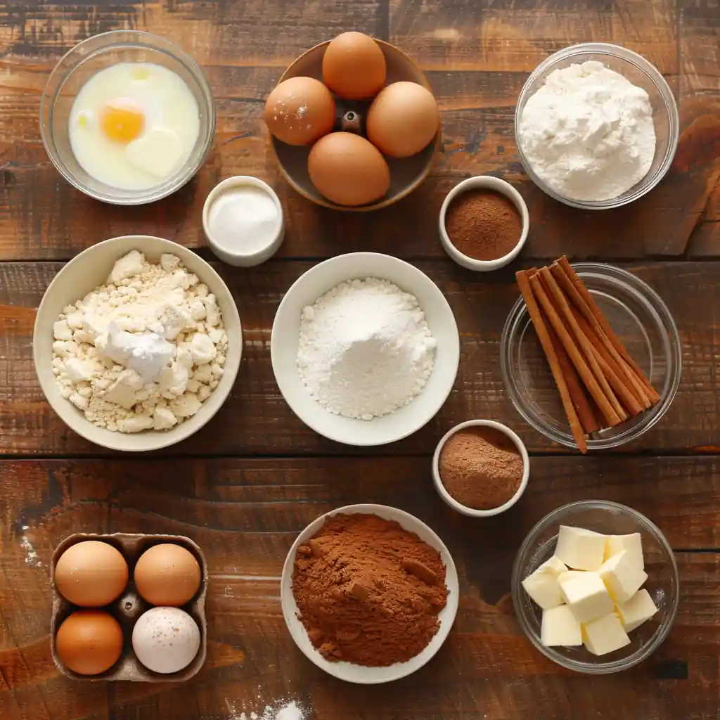 Ingredients for cinnamon roll bliss bars including cinnamon, sugar, flour, and eggs